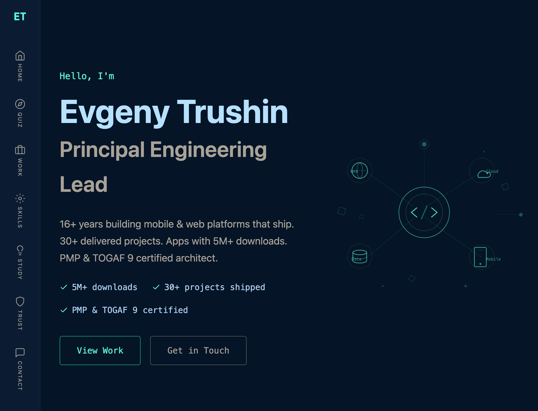 Screenshot of trushin.vip — a portfolio website built with selfdev