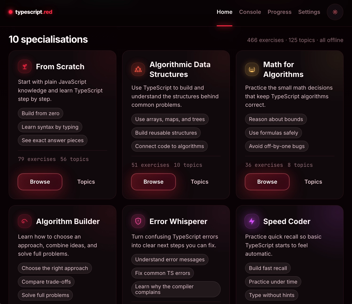 TypeScript RED home page showing 10 TypeScript learning specialisations with offline exercise and topic counts
