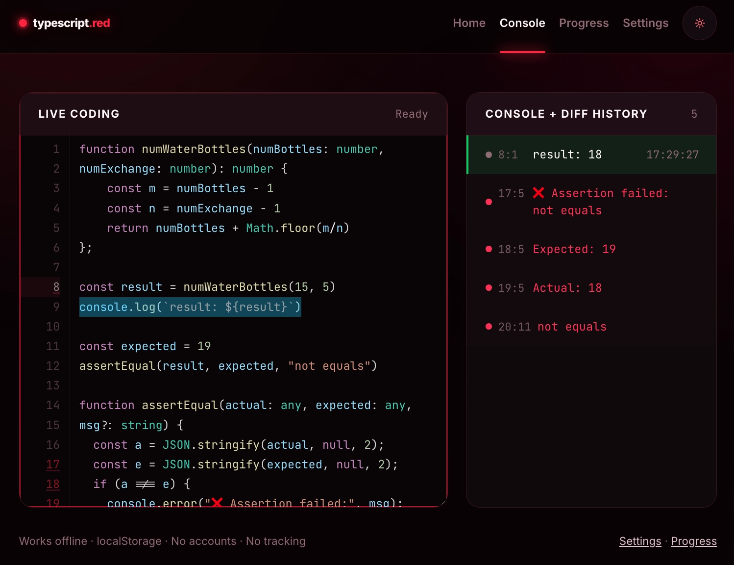 TypeScript RED console page showing a live TypeScript editor beside console output and assertion diff history