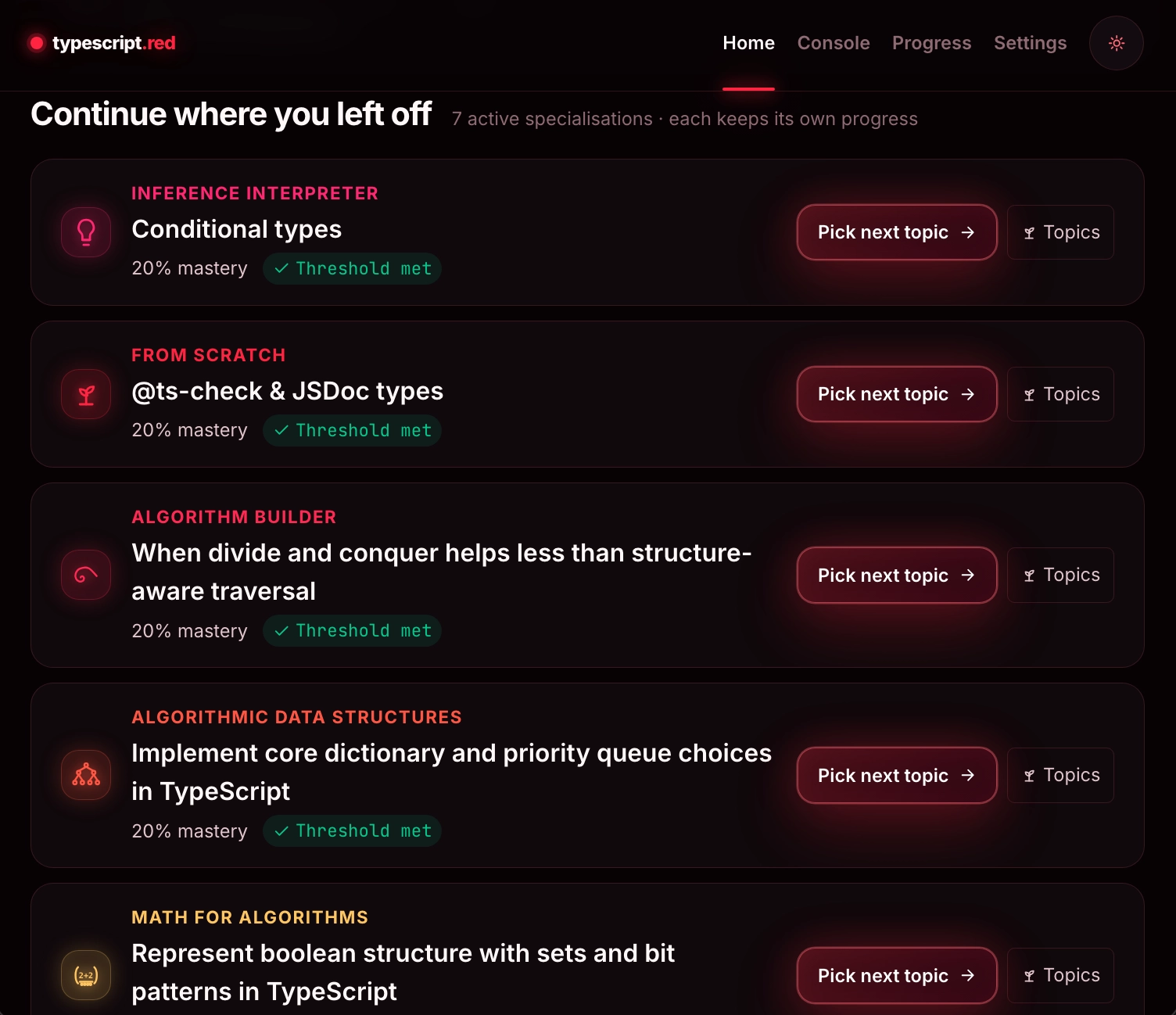 TypeScript RED continue screen showing active specialisations, mastery status, and next-topic actions