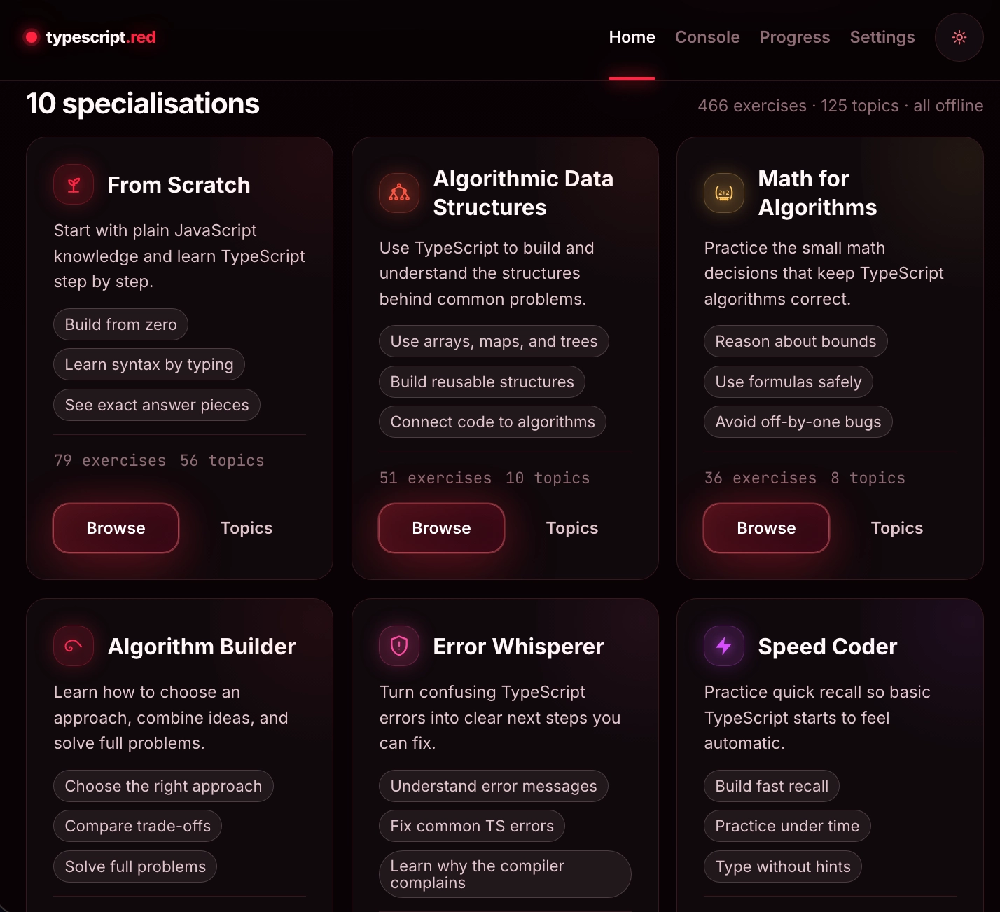 TypeScript RED dashboard showing structured TypeScript learning paths with browse and topic entry points