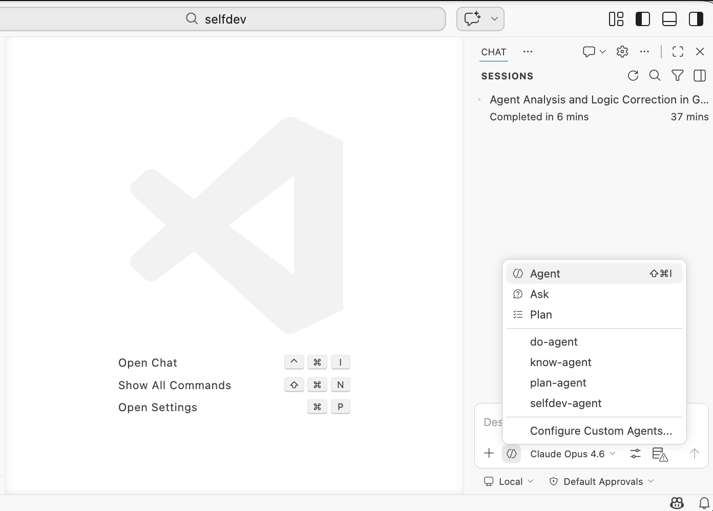 VS Code Agents panel showing selfdev agents: do-agent, know-agent, plan-agent, selfdev-agent