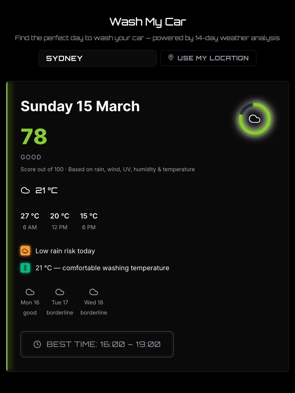 Wash My Car — Best day spotlight with score, weather breakdown, and recommended wash window